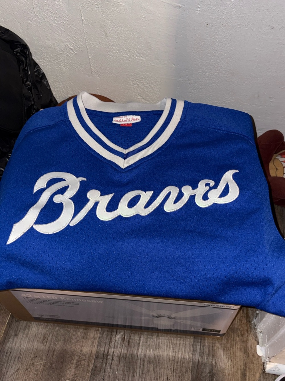 Mitchell & Ness Royal Blue Braves V-Neck Pullover Sweater with White Script